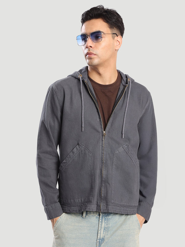 Men Grey hooded relaxed Denim Jacket