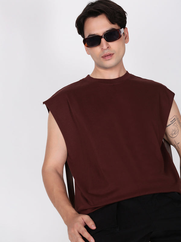 Men Brown Solid Sleeveless Oversized Tshirt
