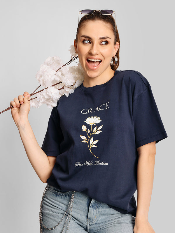 Women Navy Blue Oversize Floral Graphic Printed T-Shirt