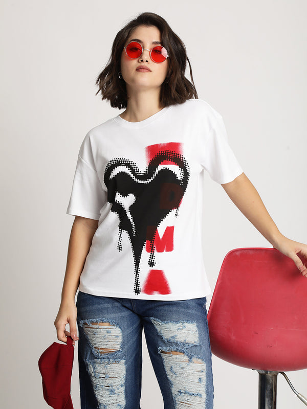 Women White Graphic Print Oversize Tshirt