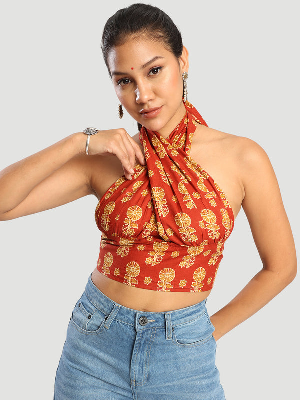 Women orange adjustable Halter neck top