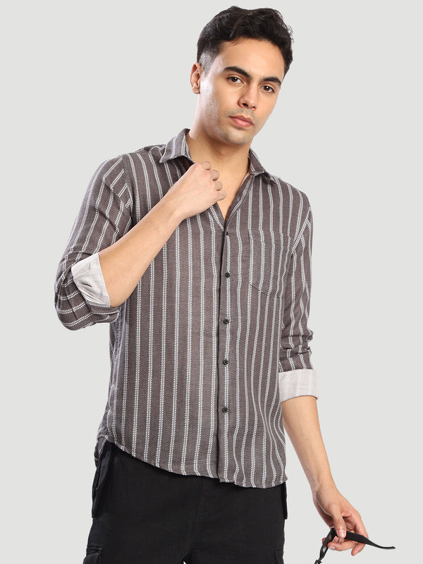 Mens Grey Striped Regular fit Casual full sleeves Shirt