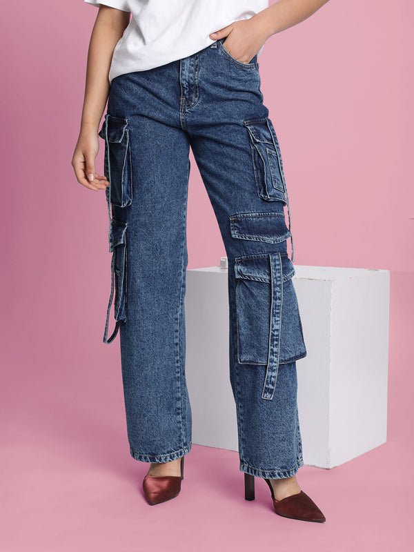 Womenâ€™s Blue 8-Pocket Cargo Jeans