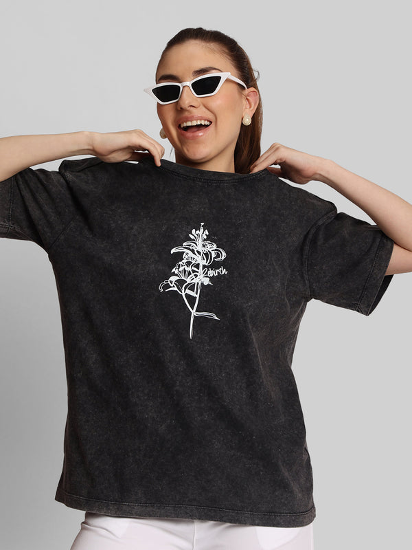 Women Charcoal Oversize Floral Graphic Printed T-Shirt