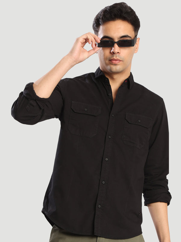 Men Black Regular fit Double Pocket Shirt