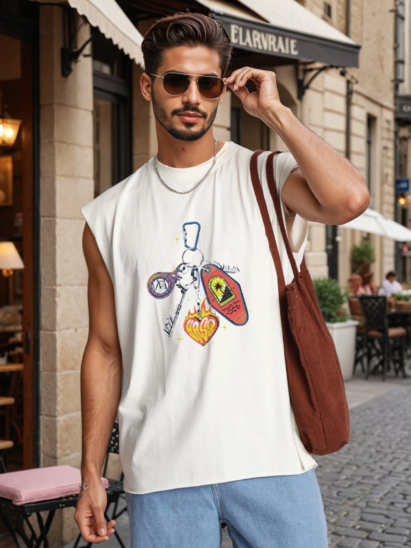 Men White Sleeveless Graphic Oversized T Shirt