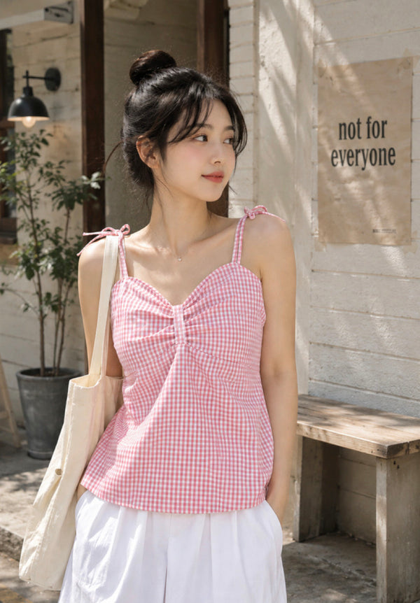 Women Pink Spaghetti Tie Up Bow  Checkered Top