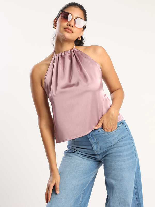 Women Halter neck satin tie up pink adjustable top