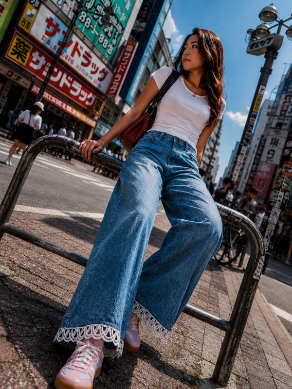 Women  Blue Wide-Leg Jeans with Lace Hem