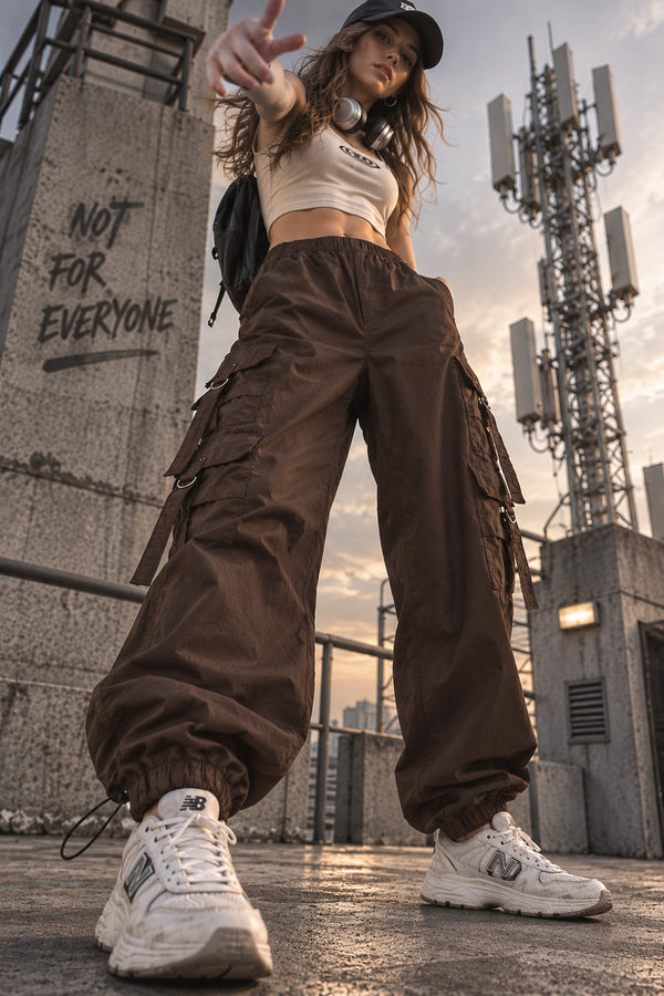 Women Solid Dark Brown Parachute Fit Cargo Trousers