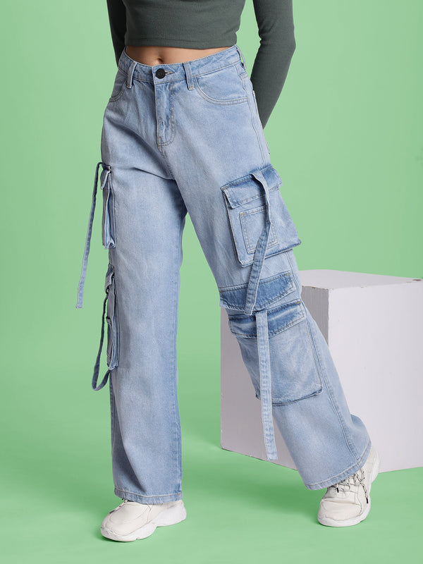 Womenâ€™s Light Blue 8-Pocket Cargo Denim Jeans