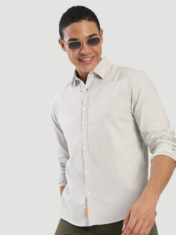 Men Solid Cotton Linen Regular Fit Spread Collar Shirt