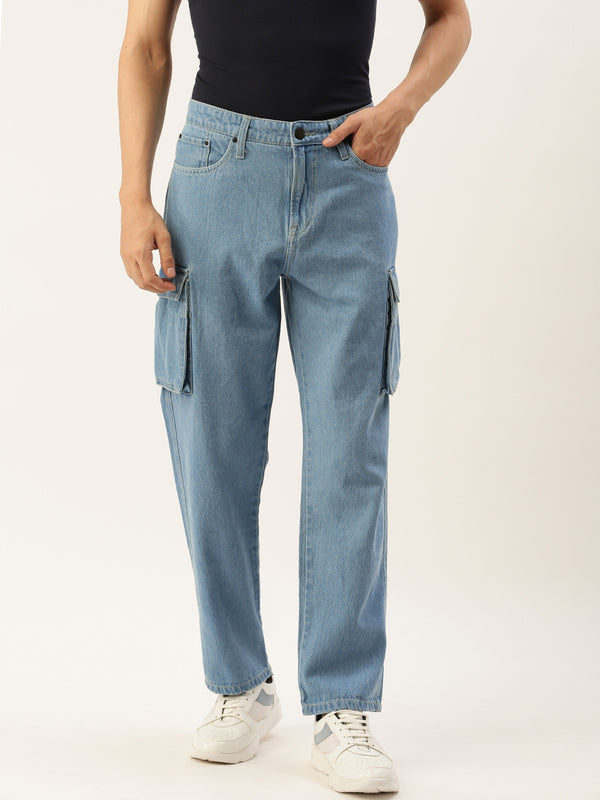 Men Light Blue Relaxed-Fit Solid Cargo Jeans