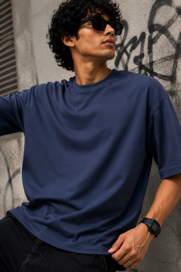 Men Solid Dust Blue Oversize Half sleeves T-shirt