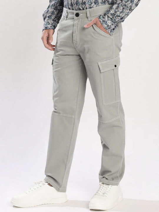 Men Grey Contrast Stitch Cargo Trousers