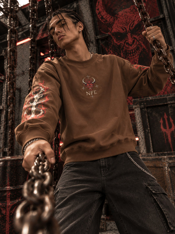 Men Brown Devil Graphic Relaxed Sweatshirt