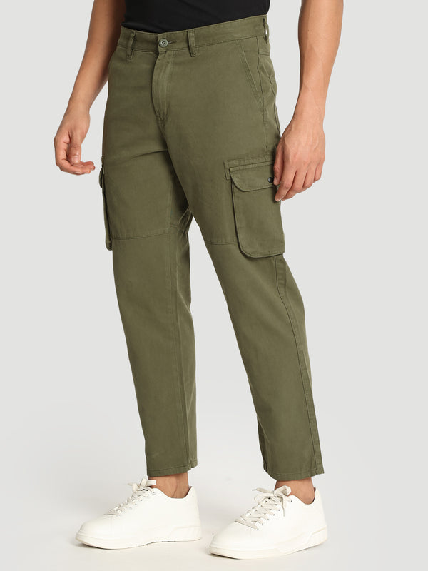 Men Solid Olive Regular Fit Cargo Trouser