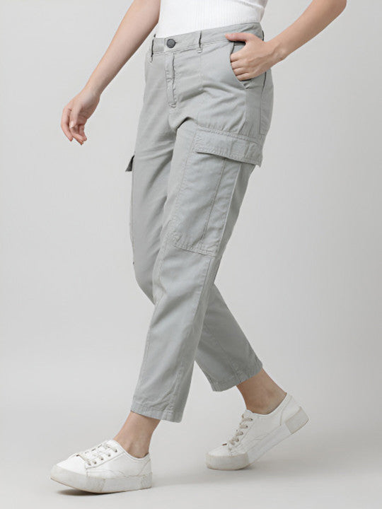 Women Grey Regular Mid-Rise Cotton Cargos Trousers