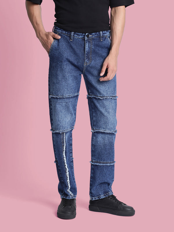 Men Blue Relax Cut & Sew Frayed Jeans