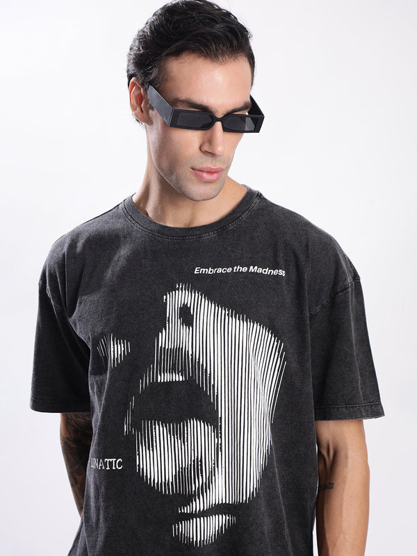Men Black Acid Wash Graphic T-Shirt