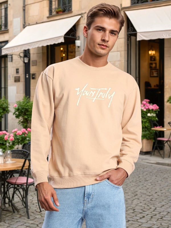 Men Crew Neck Drop Shoulder Graphic Printed Beige Sweatshirts