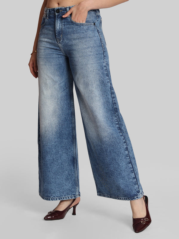Women Mid-Rise Wide Leg Denim Trouser