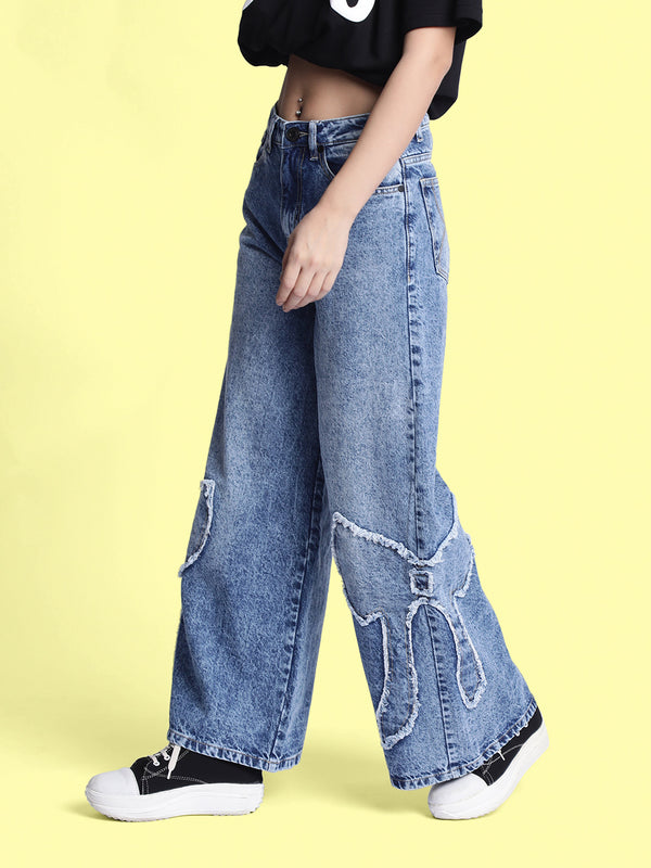 Women Wide Leg Jeans with Bow Applique