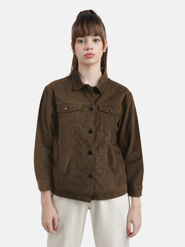 Women Regular Fit Brown Jacket