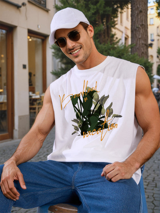 Men White Sleeveless Graphic Print Oversize T Shirt