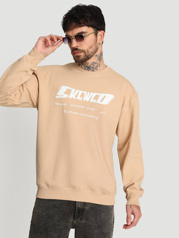 Men Crew Neck Drop Shoulder Graphic printed Beige Sweatshirt