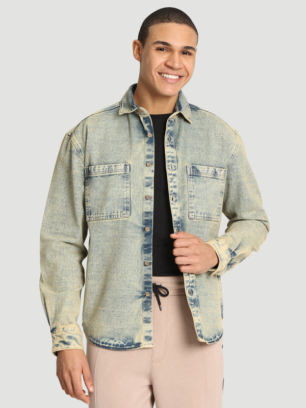 Men Relax fit wash effect Blue Denim shaket