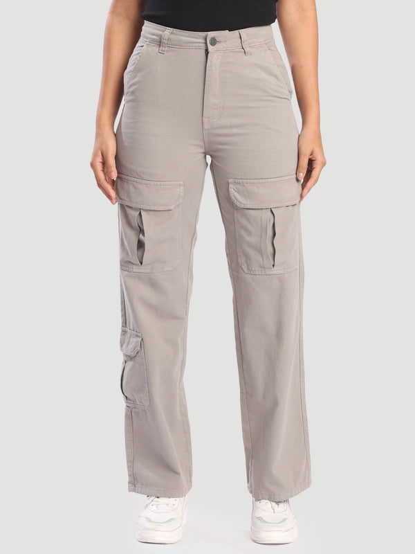 Women Grey Straight Fit High-Rise Cotton Cargos Trousers