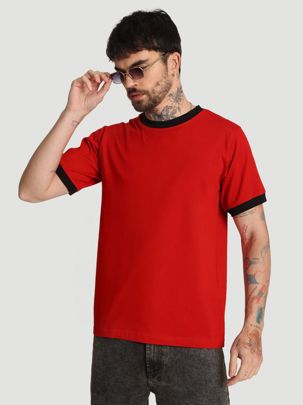 Men Red Ringer Regular fit Cotton Tshirt