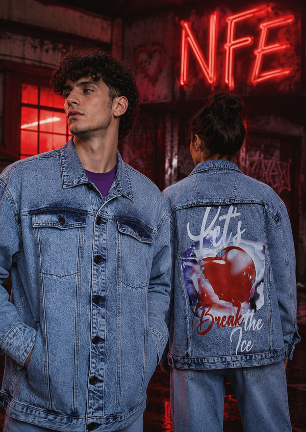 Unisex Mood Switch Oversized Denim Jacket with Swappable Graphic Patch