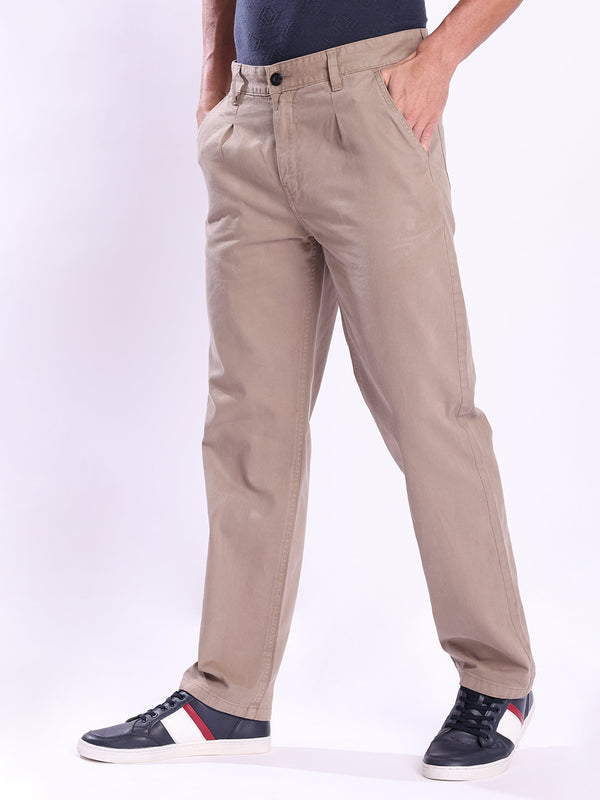 Men Brown Striaght Fit Pleated Chino Trousers