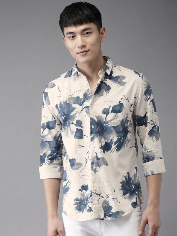 Men Floral Printed Slim Fit Linen Casual Shirt