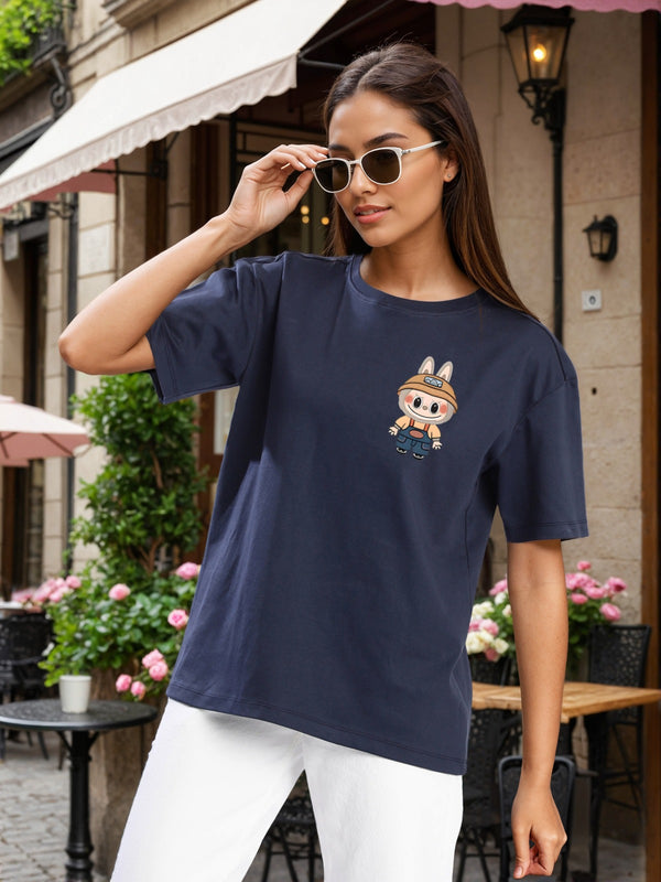 Women Navy Graphic Oversized T Shirt