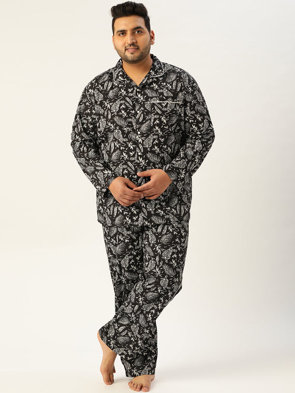 Men Black Tropical Print Cotton N9 Silver Anti-Bacterial Pyjama Set