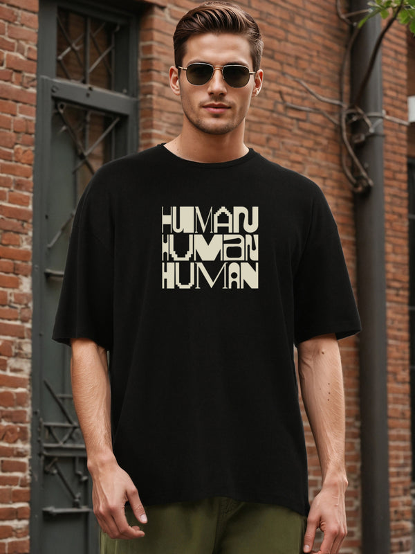 Men Black Typography  Print Oversize T Shirt