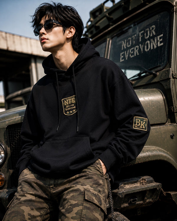Men Black Badged Relaxed Hooded Sweatshirt