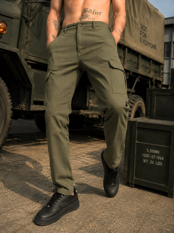 Men Olive Slim Fit Pure Cotton Cargos Trousers