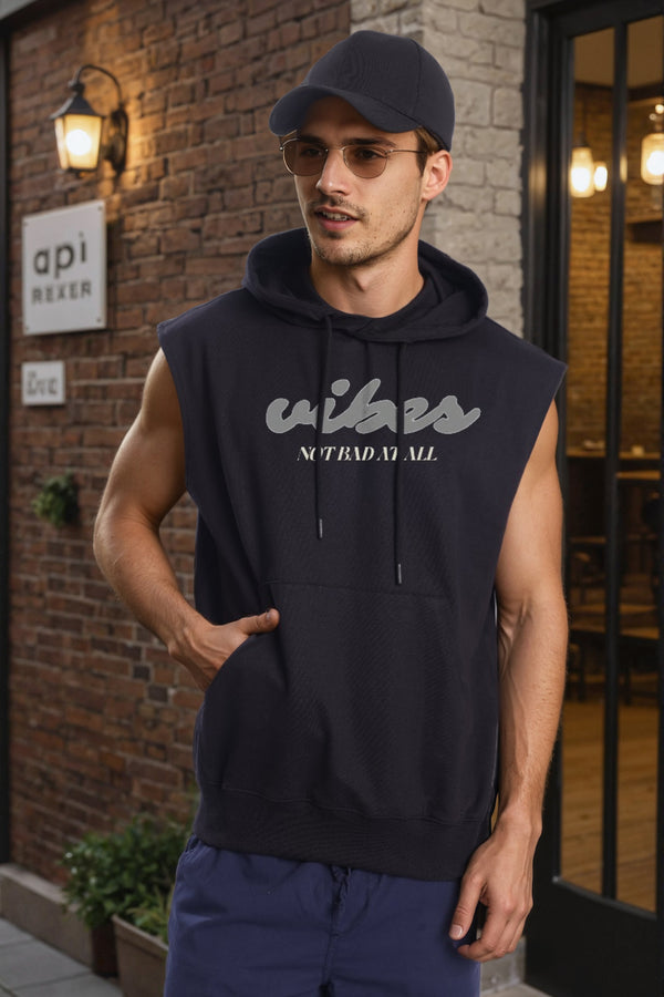 Men Black Graphic Printed Sleeveless Hoodie with kangaroo pocket