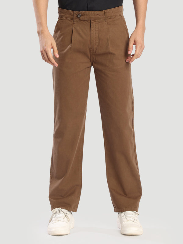 Men Brown Relax Fit Pleated Cargos Trousers