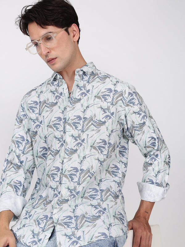 Men Green and Blue Floral Printed Slub TextureShirt