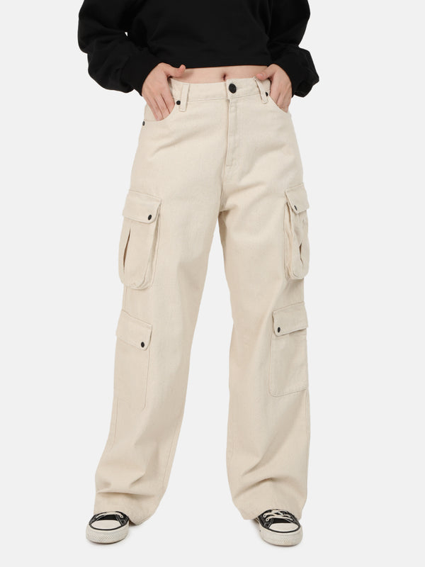 Women Relaxed Fit High Rise Solid Denim Cargo jeans