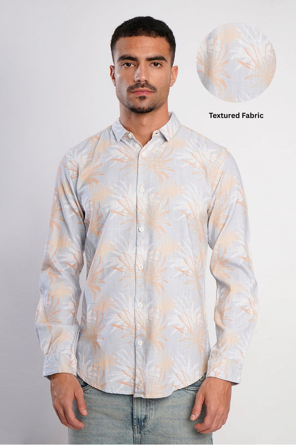 Men Grey and Orange Tropical Print Slub Texture Shirt