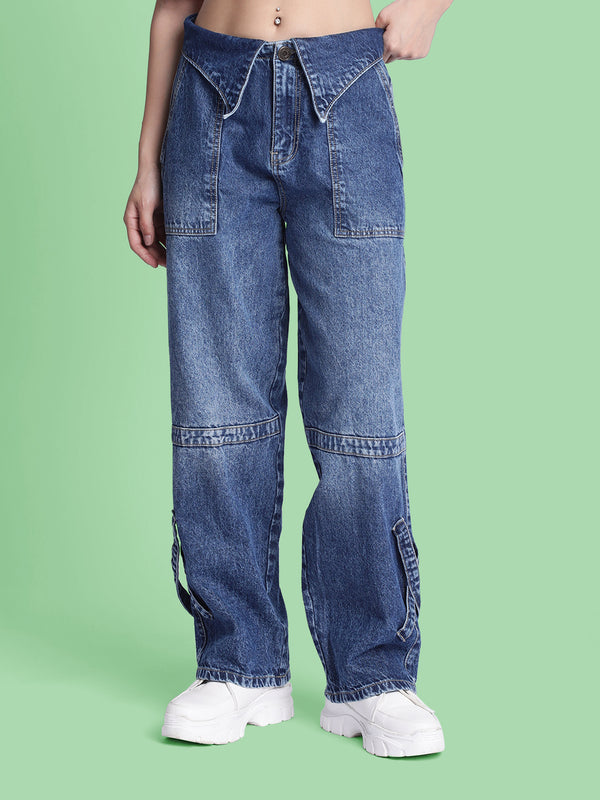 Women Dark Blue Baggy Fit Denim Jeans
