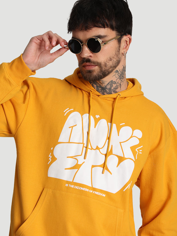 Men Relax fit kangaroo pocket Graphic printed Mustard hoodie