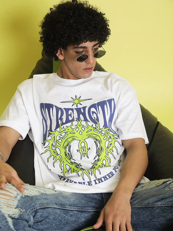 Men White Printed Oversized T-Shirt