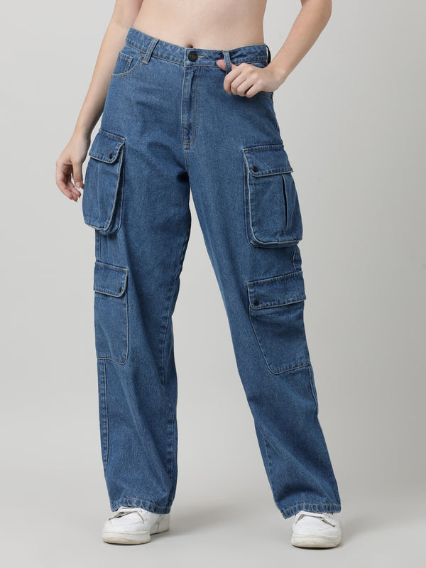 Women Relaxed Fit High Rise Cargo Jeans